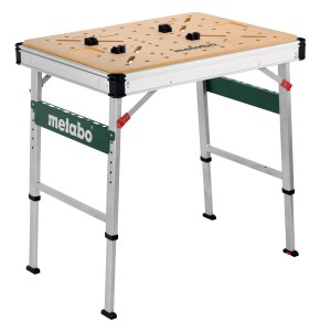 Table multifonction Metabo MWB 100 : Établi mobile avec plateau MDF et mécanisme pliable.