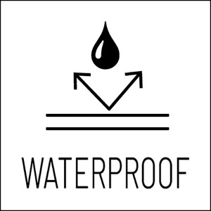 Symbole étanche : goutte, flèches et le mot Waterproof.