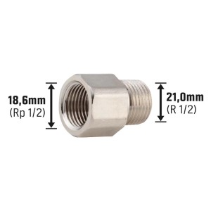 Raccordo eccentrico in ottone 18,6 mm (Rp 1/2) x 21 mm (R 1/2) per raccordi filettati.