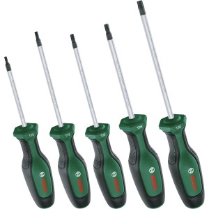 Jeu de tournevis Torx Bosch, 5 pièces, avec manche ergonomique et pointe magnétique.