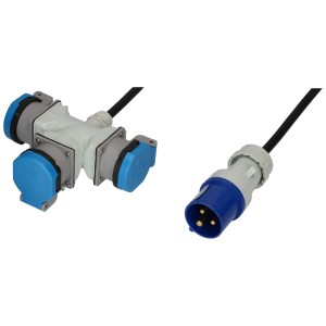 Rallonge CEE MaxCamp, 1,5 m, noire, IP44, avec fiche CEE et triple connecteur.