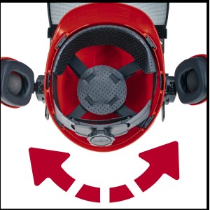 Casque forestier Einhell BG-SH 2 : Vue intérieure avec réglages du bandeau et de la protection auditive.