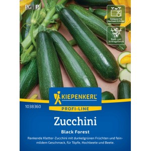 Graines de courgettes Kiepenkerl Black Forest : Courgettes cylindriques vert foncé sur le paquet de graines.