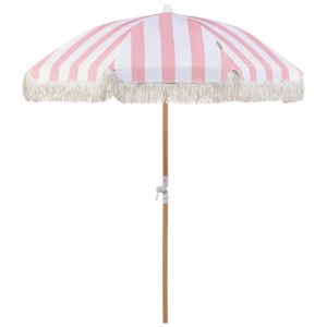 Beliani Sonnenschirm Mondello, rosa-weiß gestreift, mit Fransen und Holzmast.