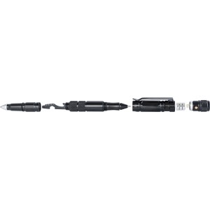 LUX stylo tactique 7 en 1, démonté : outil multifonction avec LED, brise-vitre, stylo, ouvre-bouteille et tournevis.