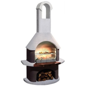 Barbecue de jardin Buschbeck St. Moritz blanc-brun avec grille et bois de chauffage dans le compartiment de rangement.