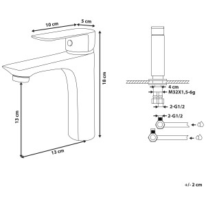 Schéma : Mitigeur noir Berloi en laiton avec dimensions pour lavabo.