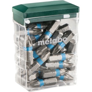Metabo Bit-Box PZ 2 SP, jeu de 25 pièces avec embouts en acier chrome vanadium dans une boîte transparente.