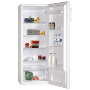 Réfrigérateur blanc pose libre, 242 l, ouvert. Intérieur avec 5 étagères, 4 compartiments de porte et tiroir, rempli d'aliments.