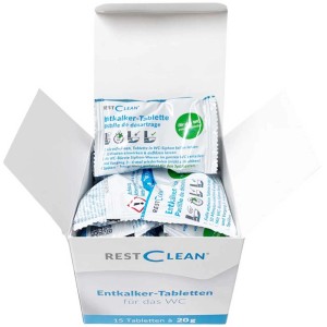 RestClean scatola di pastiglie anticalcare con 15 pastiglie per addolcire l'acqua.