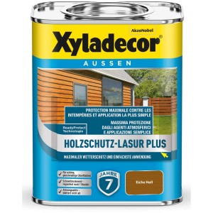 Dose Xyladecor Holzschutz-Lasur Plus, Farbton Eiche hell, für Wetterschutz und einfache Anwendung.