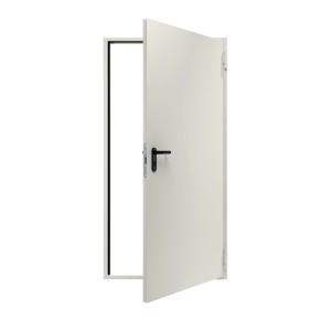 Porte coupe-feu Hörmann EI30 (200x87,5 cm) ouverte, gris-blanc avec poignée noire.