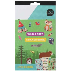 Livre de stickers Wild & Free avec motifs de forêt : ours, renard, hérisson, tipi, plumes et arbres sur 6 feuilles.