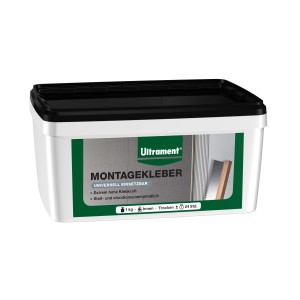 Ultrament Montagekleber, 1 kg, in un secchio bianco con coperchio nero. Universalmente applicabile.