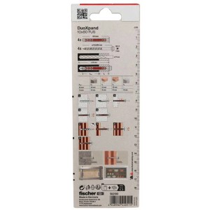 Fischer DuoXpand FUS K tasselli 10x80mm, 4 pezzi, dettagli sull'applicazione e proprietà sulla confezione.
