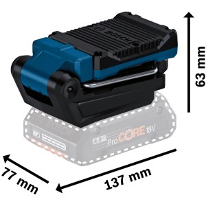 Lampada a batteria Bosch Professional GLI 18V-800 con dimensioni, montata su una batteria.