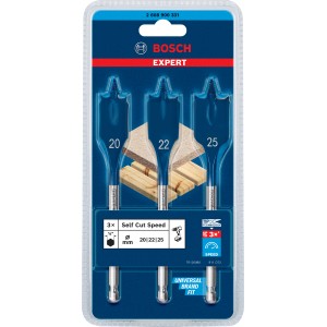 Set di punte per legno piatte Bosch Expert Self Cut Speed, 3 pezzi (20/22/25 mm) per foratura rapida nel legno tenero.