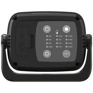 Faretto LED Technocraft con power bank, dettaglio dei comandi e porta USB.