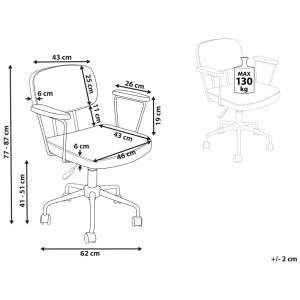 Schizzo sedia ufficio Algerita verde con misure: altezza 77-87cm, larghezza seduta 43cm, carico max 130kg.
