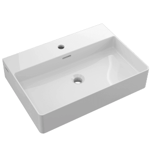 Vasque à main blanche Domberg DB2000, 60,5x42,5 cm, avec trou de robinet et trop-plein.