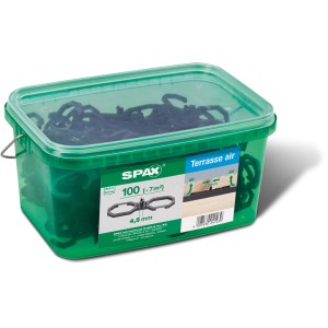 Entretoises Spax Air, 100 pièces dans un récipient vert pour lames de terrasse.