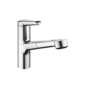 Mitigeur d'évier KWC Adrena avec douchette extractible, finition chromée et bec pivotant. Mélangeur monocommande.