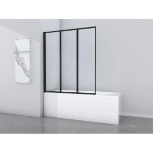 Paroi de baignoire Aurlane Black Star, 3 volets, avec cadre noir sur une baignoire blanche.
