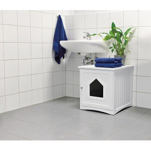 Casetta per gatti Trixie bianca per lettiera in bagno con lavandino e asciugamani.
