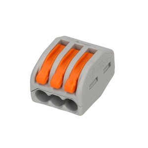 Connettore Wago grigio, 3 poli, con leve arancioni per cavi fino a 2,5 mm².