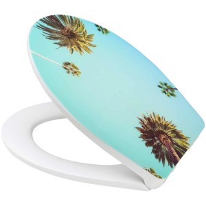 Abattant WC Diaqua Nancy Treetop avec fermeture douce, motif palmiers sur fond bleu clair.