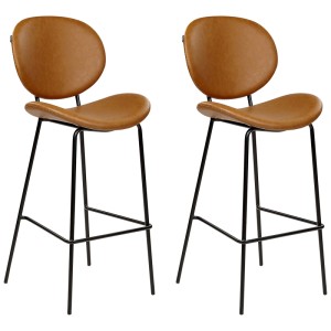 Ensemble de 2 tabourets de bar Beliani Luana en similicuir marron avec structure en métal noir.