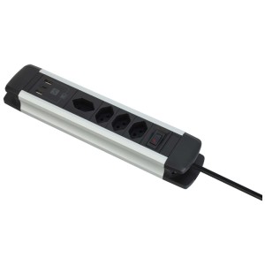 Multiprise Schönenberger, argent/noir, 4x T13, USB, câble 2m.