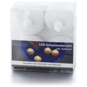 Quatre bougies flottantes LED blanches pour extérieur, piles incluses, dans un récipient en plastique transparent.