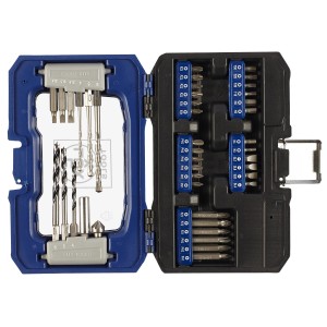 Set di punte e inserti LUX da 42 pezzi in scatola di plastica blu aperta con varie punte e inserti.