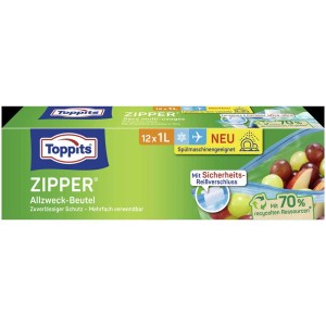 Toppits Zipper 1L, confezione da 12. Sacchetti multiuso con zip per conservare, riporre e congelare.