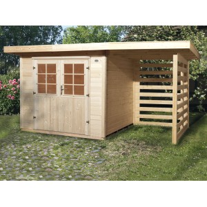 Casetta da giardino in legno OBI La Spezia con tettoia, abete naturale, doppia porta.