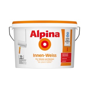 Secchio di Alpina Innenweiss, 10 litri, per pittura murale bianca ad alta copertura.