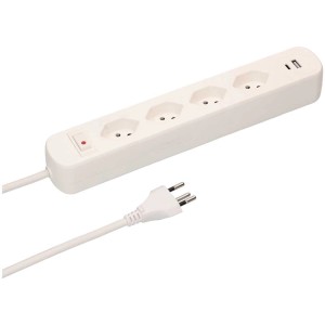Weiße Steckdosenleiste mit 4 T13-Steckdosen, USB-A/C und 1,5 m Kabel. Ideal für den Innenbereich.