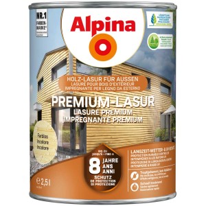 Boîte de lasure bois incolore Alpina Premium 2,5l pour une protection longue durée contre les intempéries et les UV.