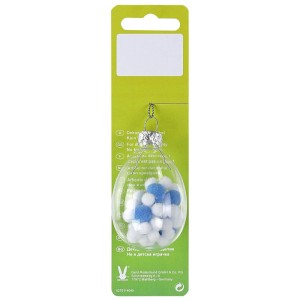 Decorazione pasquale: uovo di vetro da appendere, 6 cm, riempito con pompon bianchi e blu.