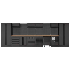 Kraftwerk Werkstatt-Kombi Mobilio, 8-teilig, schwarz, mit Werkbank, Schränken und Lochwand.