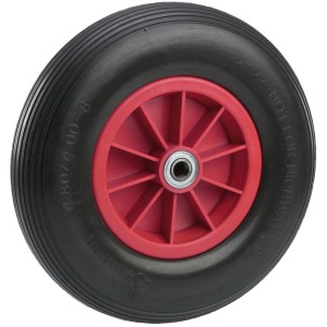 Roue Doerner + Helmer, 40 cm, avec pneu en polyuréthane noir et jante en plastique rouge.