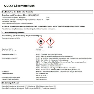 Kit riparazione scheggiature Quixx: Vista dettagliata delle informazioni di sicurezza e delle avvertenze di pericolo.