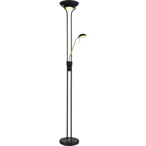 Lampadaire LED noir moderne Leonas avec deux lumières et des accents en laiton.