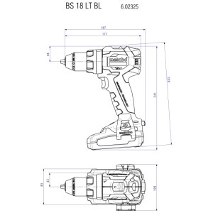 Technische Zeichnung des Metabo Akku-Bohrschraubers BS 18 LT BL mit Seiten- und Draufsicht, inkl. Maßen.