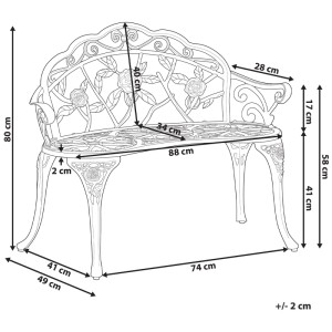 Banc de jardin Beliani Piura en aluminium marron foncé avec décorations rustiques de roses et de fleurs pour 2 personnes.