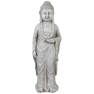 Handgefertigte graue Buddha-Skulptur aus Magnesiumoxid. Stehende Gartendekoration für Innen & Aussen.