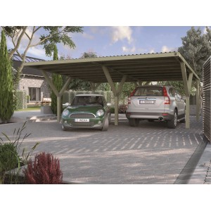 Doppio carport a Y Weka con copertura e due auto parcheggiate.