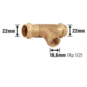 Raccordo a T a pressare in bronzo rosso, 22 mm x 18,6 mm (Rp 1/2), per raccordi di tubi in rame.