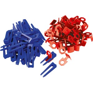Set livellante LUX: 100 cunei blu e 300 clip rosse (2 mm) per la posa delle piastrelle.